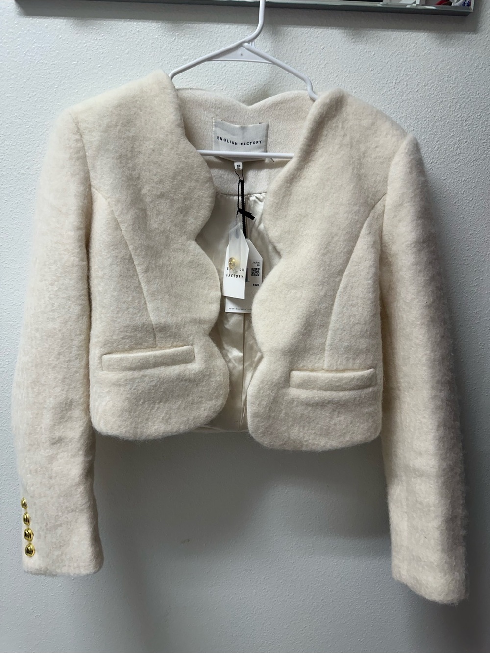English Factory Ivory Cropped Scallop-Front Wool Blend Jacket